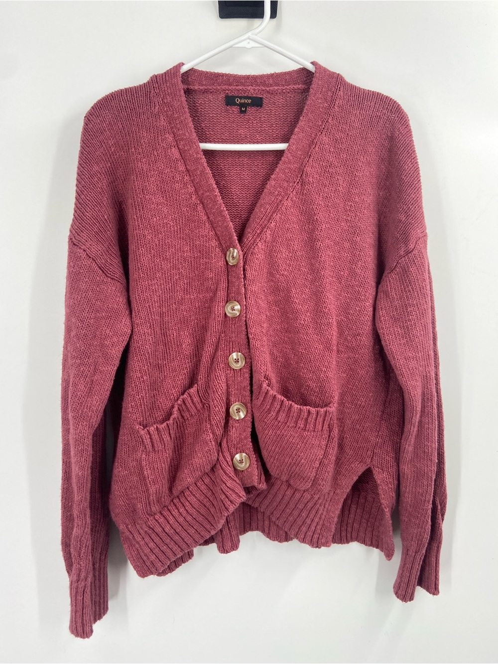 Quince Cotton Linen Relaxed V-Neck Button Front Knit Cardigan Sweater Med Mauve